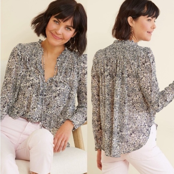 Free People Lela Blouse XS Floral Smocked Semi Sheer Cottagecore Boho Prairie - Picture 4 of 16